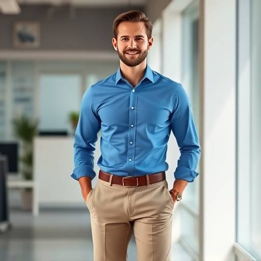 Homem vestindo uma camisa social azul com caläas de sarja bege em um ambiente de trabalho